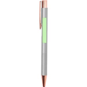 A metal pen in silver with a rose gold clip and tip, featuring a green section for branding.