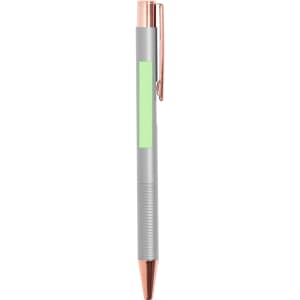 A metal pen in grey with a rose gold clip and tip, featuring a smooth grip and a branding logo.