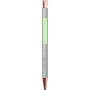 A metal pen with a grey body and rose gold accents, featuring a green section for branding or personalisation.