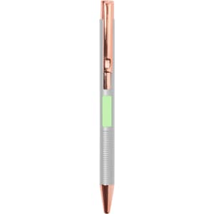 A metal pen in silver with a rose gold clip and trim, featuring a green accent on the barrel and a logo.