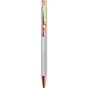 A metal pen with a white barrel and rose gold accents, featuring a clip and a textured grip. It has a logo.