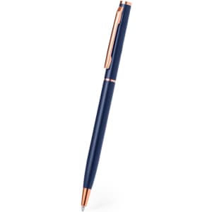 A navy blue metal pen with a rose gold clip and accents. The pen features a sleek design and a branding logo.