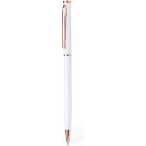A metal pen in white with rose gold accents and a streamlined design. It features a clip and has branding.