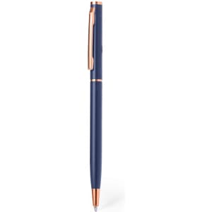 A metal pen in navy blue with rose gold accents and a clip. It features a sleek design and a branding logo.