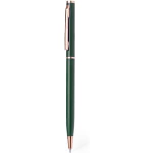 A green metal pen with a rose gold clip and accents, featuring a sleek design and a branding logo.