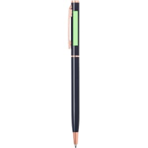 A metal pen with a navy blue body, rose gold accents, and a green grip area, featuring a logo.