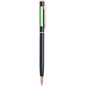 A metal pen in navy blue with a green grip and rose gold accents, featuring a logo on the barrel.