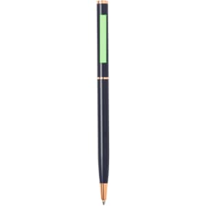 A metal pen with a navy blue body, rose gold accents, and a bright green grip. Features a logo.