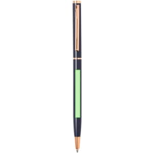 A metal pen featuring a navy blue body, a green grip, and rose gold accents, with a logo on the side.