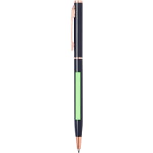 A metal pen in navy blue with a green accent and rose gold clip. It features a branding logo.