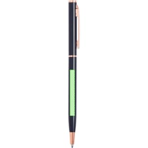 A metal pen in navy blue with a green grip and rose gold accents, featuring a logo on the body.
