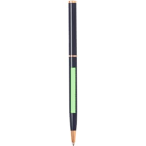 A metal pen with a navy body, rose gold accents, and a green grip, featuring a logo on its surface.