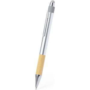 A silver and bamboo stylus touch ball pen with a sleek design and a clip for easy attachment.