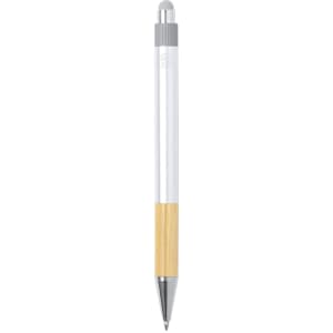 A stylus touch ball pen featuring a silver top and a wooden barrel. It includes a logo on the body.