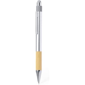 A silver and bamboo stylus touch ball pen with a clip and a rounded tip. It features a branding logo.