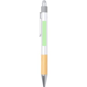 A stylus touch ball pen featuring a silver and white body with a bamboo grip and a green accent.
