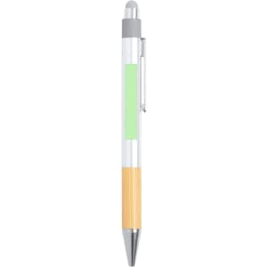 A stylus touch ball pen with a bamboo grip, silver accents, and a green section. It has a logo on the barrel.