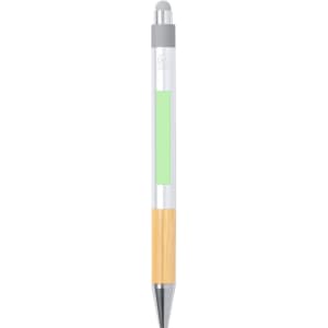 A stylus touch ball pen featuring a green centre, silver accents, and a bamboo grip. It has a logo on the barrel.