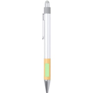 A stylus touch ball pen featuring a silver barrel, wooden accents, and a green detail. It has a clip and a shiny tip.