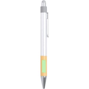 A stylus touch ball pen with a silver barrel, bamboo grip, and a grey top. Features a clip and has branding.