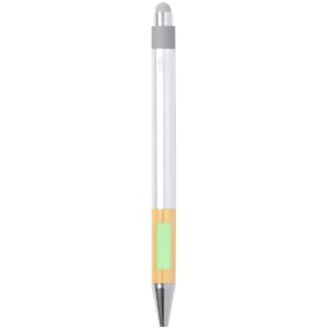 A silver and bamboo stylus touch ball pen with a green accent and a branded logo.