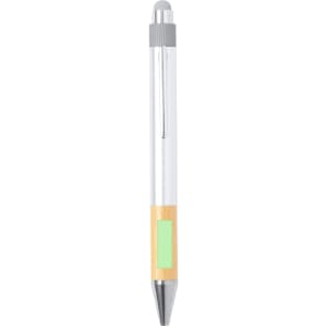 A stylus touch ball pen featuring a silver top, wooden grip, and a green accent. It has branding visible on the barrel.