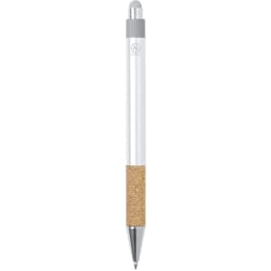 A white ballpoint pen with a cork grip and a stylus tip, featuring a silver clip and a logo.