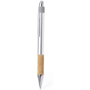 A silver stylus touch ball pen with a cork grip and chrome accents; features a logo.