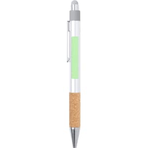 A ballpoint pen with a silver body, cork grip, and green accent. It features a stylus tip and a clip.