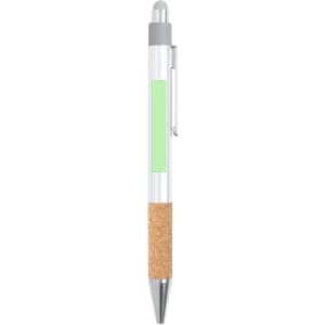 A stylus touch ball pen with a silver accent, a green section, and a cork grip. It features a clip for easy attachment.