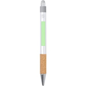 A stylus touch ball pen featuring a cork grip, silver accents, and a clear body with a green section.