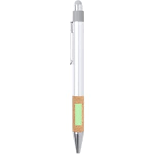 A silver and cork stylus touch ball pen with a green accent and a clip. Features a sleek design and a branding area.