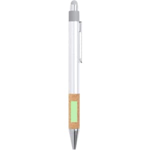 A stylus touch ball pen with a silver tip, a white barrel, and a cork grip, featuring a small green accent.