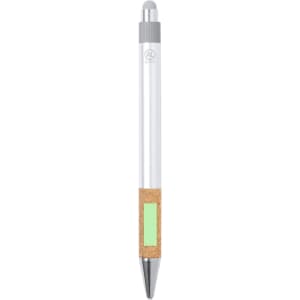 A stylus touch ball pen featuring a silver barrel and a cork grip with a green accent. The pen has a logo.