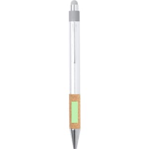 A stylus touch ball pen with a clear body, silver accents, and a cork grip. It features a logo on the barrel.
