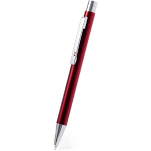 A metal pen in vibrant red with a silver clip and tip, featuring a logo on the side.