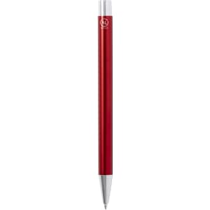 A red metal pen with silver accents and a logo at the top.