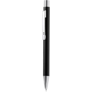 A metal pen in sleek black with a silver clip and tip, featuring a logo on its body.