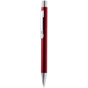 A red metal pen with a silver clip and a shiny chrome tip, featuring a logo on the side.