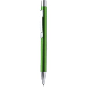 A green metal pen with a silver clip and a pointed tip, featuring a logo on the barrel.