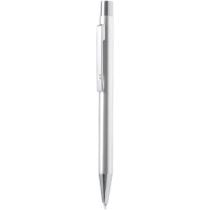 A metal pen in silver with a sleek design and a clip on the side. It features a branding logo.