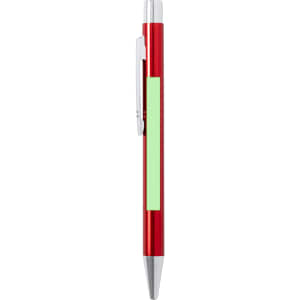 A red metal pen with a silver clip and a light green accent on the barrel.