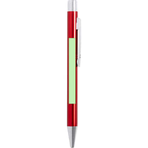 A metal pen in red with a silver clip and a green area for branding.