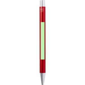 A metal pen in bright red with a silver tip and a green section. It features a logo on the barrel.