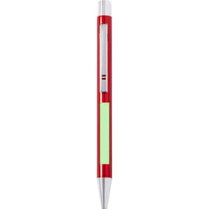 A red metal pen with a silver clip and a green customizable section. Features branding on the body.