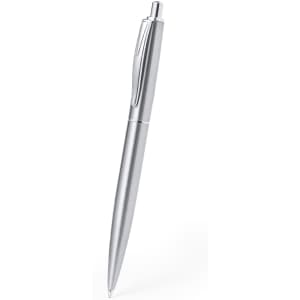 A silver metal pen with a sleek design and a clip, featuring a logo on the barrel.