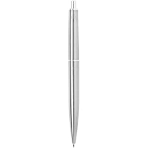 A metal pen with a sleek silver design and a branding logo on its body.