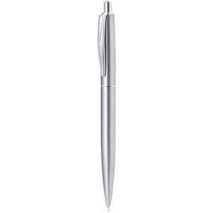 A metal pen in polished silver, featuring a sleek design and a clip for easy attachment. It has branding on the side.