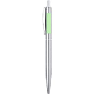 A metal pen in silver with a green grip and clip, featuring a logo on the body.