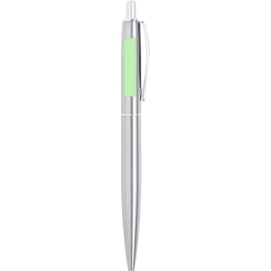 A sleek silver metal pen with a green accent and a clip, featuring a logo on the body.